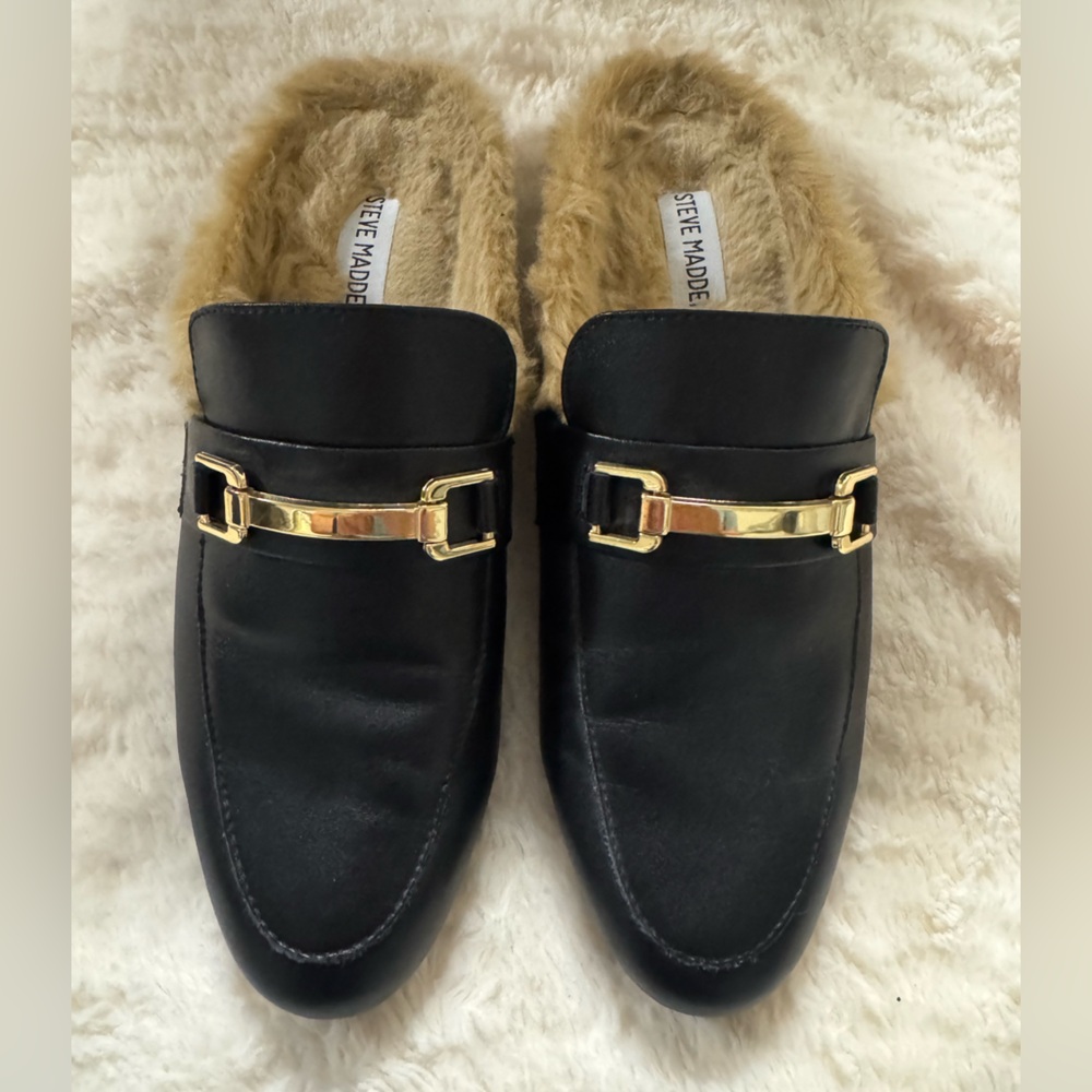 Steve Madden Black Loafers with Gold Accents